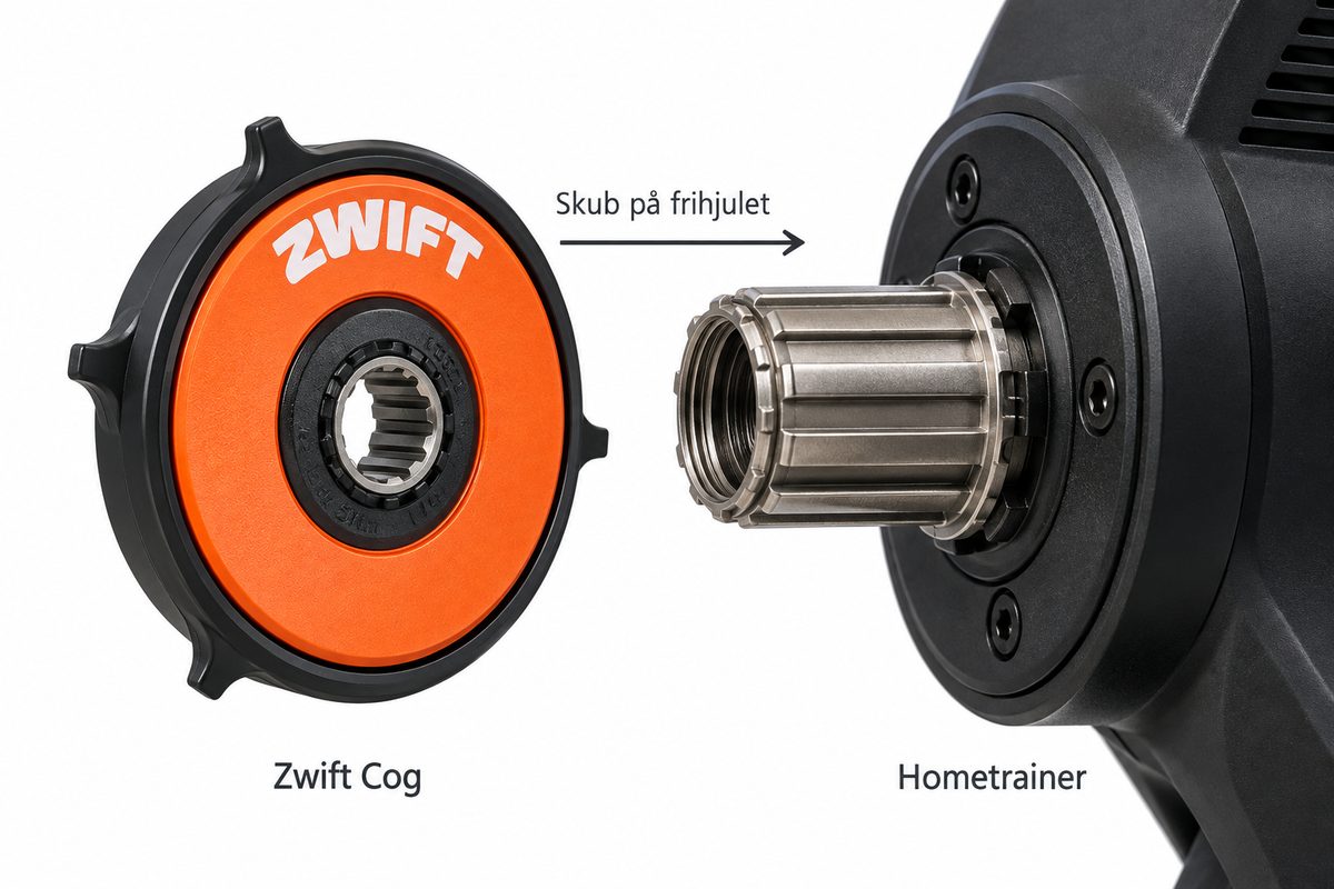 Zwift Cog skubbes på friløbet på en hometrainer (AI-illustration)