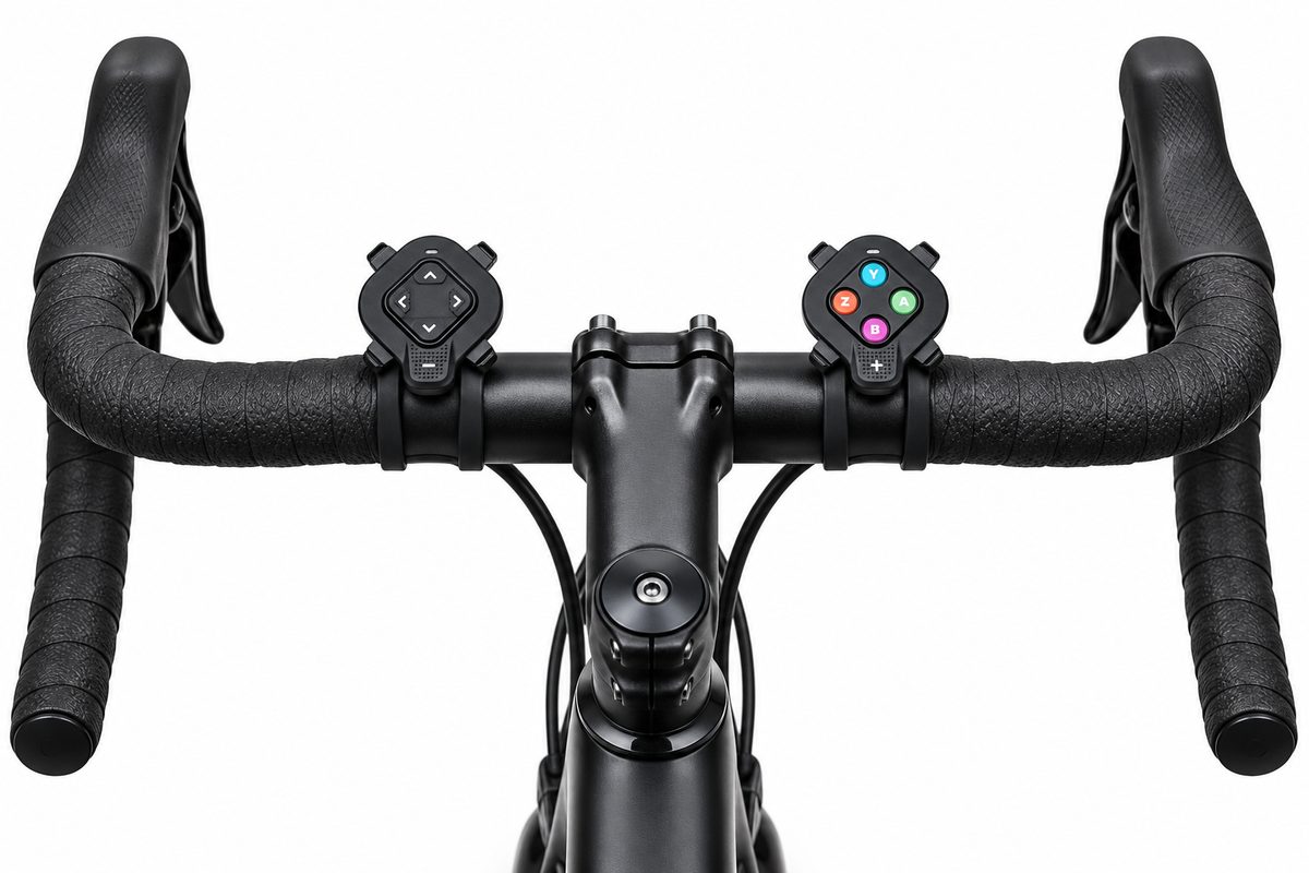 Racerstyr med Zwift Click-knapper til virtuelle gear (AI-illustration)