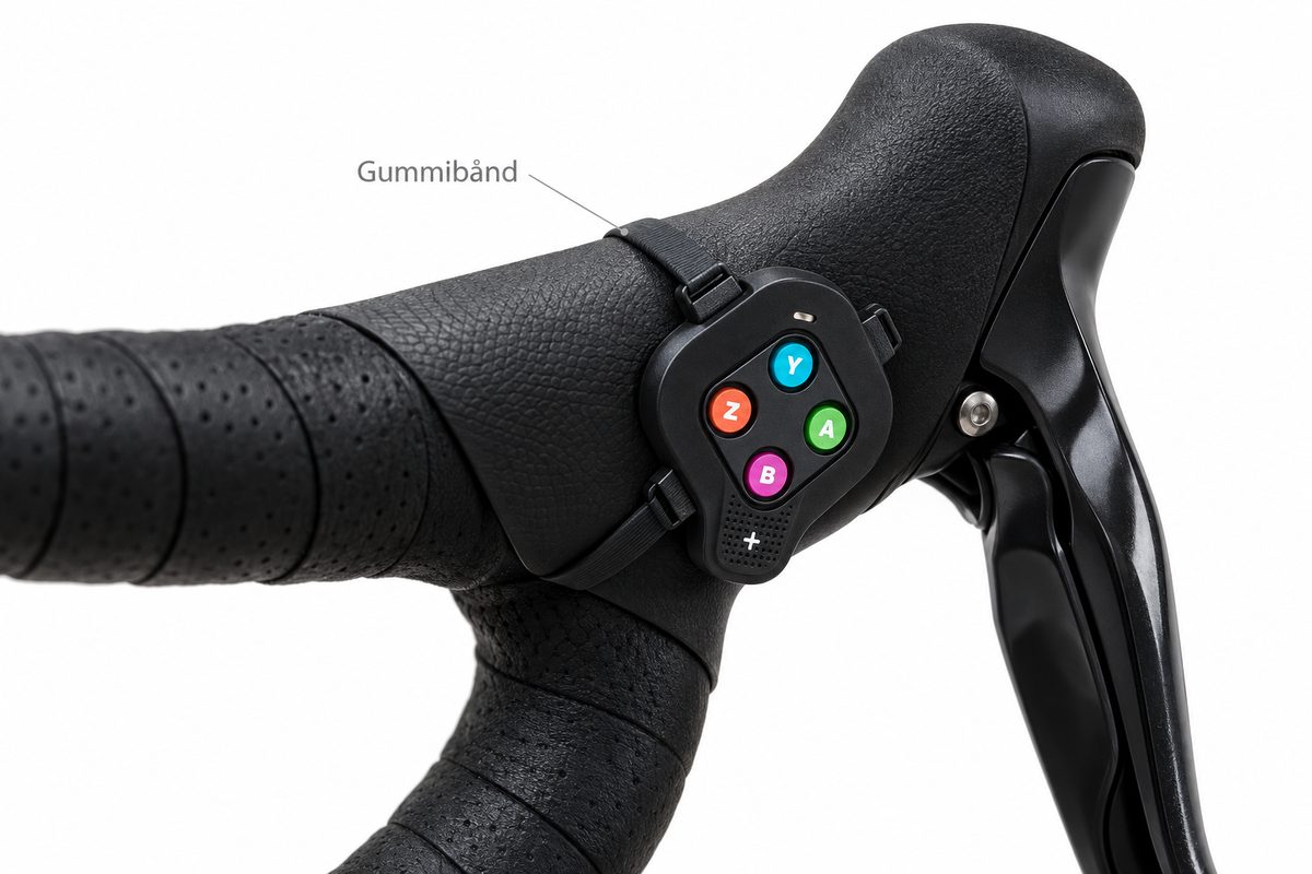 Zwift Click monteret på bremsegrebet med gummibånd (AI-illustration)