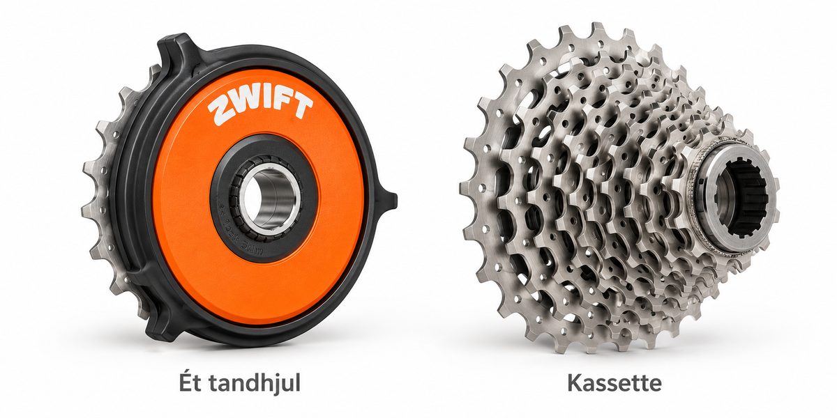 Zwift Cog med ét tandhjul ved siden af en almindelig kassette (AI-illustration)